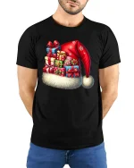 Festive Santa Hat Gift Stack Tee With Cozy Holiday Cheer - model wearing black tee with hands behind back