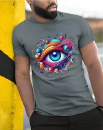 Psychedelic Cosmic Eye Art Tee With Vibrant Music Flow - model wearing grey tee, leaning on column