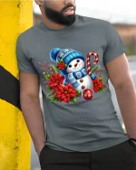 Cute Christmas Snowman Art Tee With Cozy Winter Holiday Charm - model wearing grey tee, leaning on column