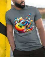 Colorful Acoustic Guitar Art Tee With Vibrant Music Energy Style - model wearing grey tee, leaning on column
