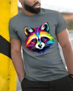 Colorful Raccoon Art Tee With Bold Rainbow Animal Style - model wearing grey tee, leaning on column