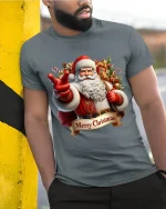 Merry Christmas Santa Pointing Graphic Tee With Festive Spirit - model wearing grey tee, leaning on column