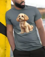 Cute Curly Puppy Portrait Tee With Soft Cozy Artistic Dog Style - model wearing grey tee, leaning on column