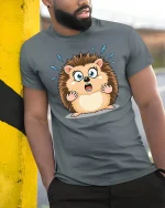 Funny Shocked Hedgehog Cartoon Tee With Cute Surprised Face Art - model wearing grey tee, leaning on column