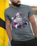 Elegant Purple Santa Claus Art Tee With Magical Winter Charm - model wearing grey tee, leaning on column