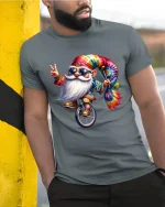 Groovy Tie Dye Santa Gnome Tee With Peace Sign And Fun Spirit - model wearing grey tee, leaning on column
