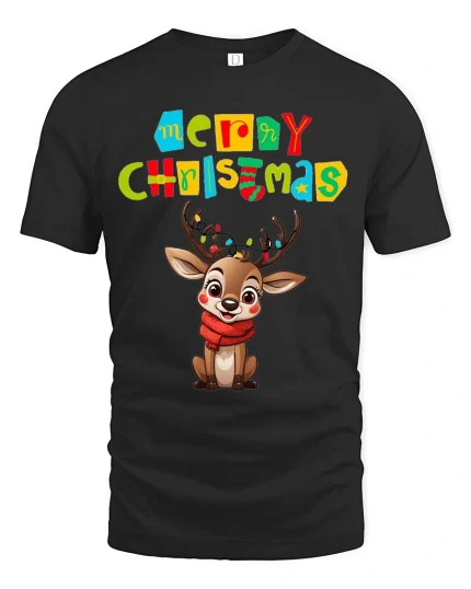 Merry Christmas Cute Reindeer Tee With Playful Holiday Cheer - black t-shirt on white background