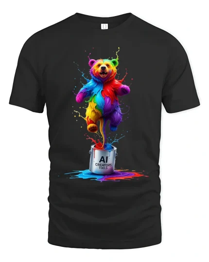 Colorful AI Creator Bear Tee With Explosive Creative Energy - black t-shirt on white background