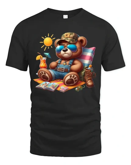 Cool Summer Vacation Bear Tee With Relaxed Beach Holiday Vibes - black t-shirt on white background