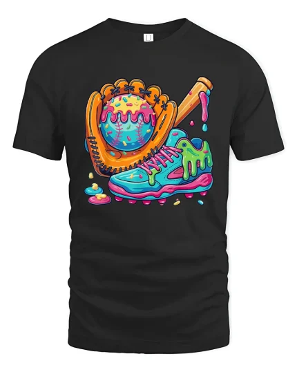 Funny Melting Baseball Gear Tee With Colorful Street Art Vibes - black t-shirt on white background