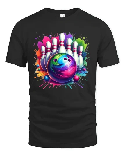 Colorful Bowling Strike Tee With Neon Splash Art Energy - black t-shirt on white background