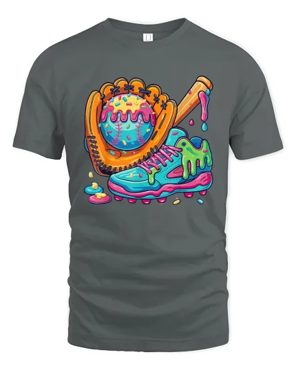 Funny Melting Baseball Gear Tee With Colorful Street Art Vibes - gray t-shirt on white background