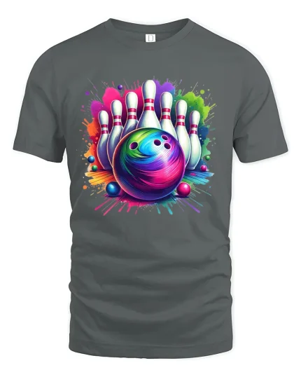 Colorful Bowling Strike Tee With Neon Splash Art Energy - gray t-shirt on white background