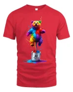 Colorful AI Creator Bear Tee With Explosive Creative Energy - red t-shirt on white background