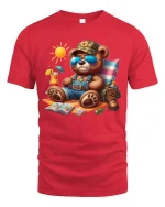 Cool Summer Vacation Bear Tee With Relaxed Beach Holiday Vibes - red t-shirt on white background