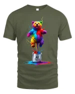 Colorful AI Creator Bear Tee With Explosive Creative Energy - military green t-shirt on white background