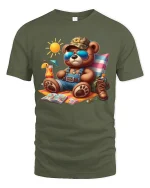 Cool Summer Vacation Bear Tee With Relaxed Beach Holiday Vibes - military green t-shirt on white background