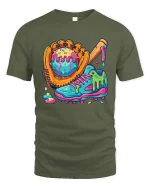 Funny Melting Baseball Gear Tee With Colorful Street Art Vibes - military green t-shirt on white background