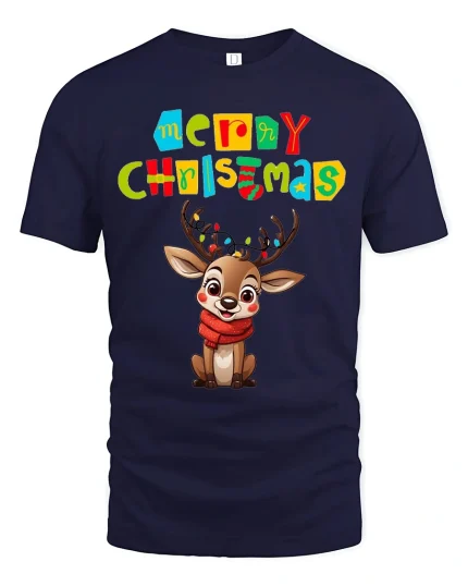 Merry Christmas Cute Reindeer Tee With Playful Holiday Cheer - navy t-shirt on white background