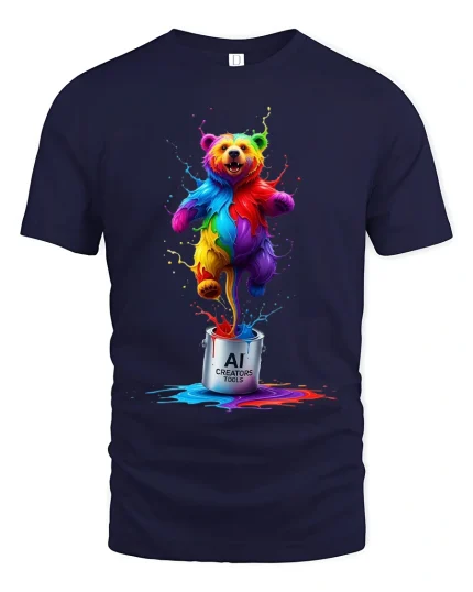 Colorful AI Creator Bear Tee With Explosive Creative Energy - navy t-shirt on white background