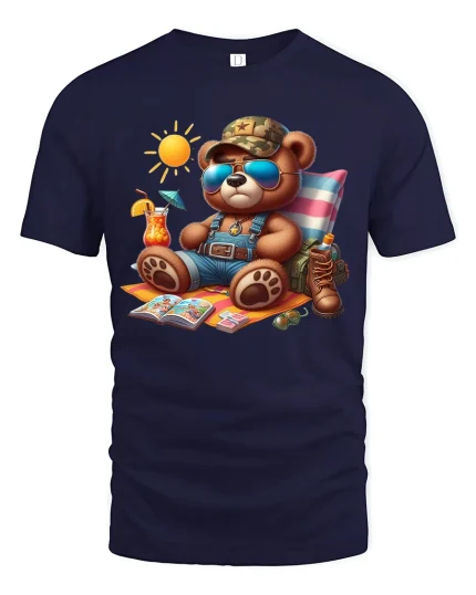 Cool Summer Vacation Bear Tee With Relaxed Beach Holiday Vibes - navy t-shirt on white background