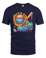 Funny Melting Baseball Gear Tee With Colorful Street Art Vibes - navy t-shirt on white background