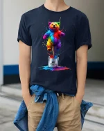 Colorful AI Creator Bear Tee With Explosive Creative Energy - model wearing navy tee with hands in pockets