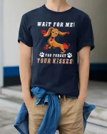 Funny Dachshund Kiss Reminder Tee With Cute Puppy Attitude - model wearing navy tee with hands in pockets