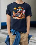 Cool Summer Vacation Bear Tee With Relaxed Beach Holiday Vibes - model wearing navy tee with hands in pockets