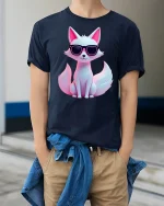 Cool Sunglasses Fox Tee With Cute Neon Style And Confident Vibes - model wearing navy tee with hands in pockets