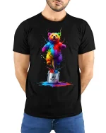 Colorful AI Creator Bear Tee With Explosive Creative Energy - model wearing black tee with hands behind back