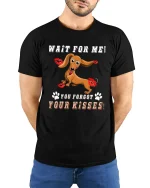 Funny Dachshund Kiss Reminder Tee With Cute Puppy Attitude - model wearing black tee with hands behind back