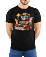 Cool Summer Vacation Bear Tee With Relaxed Beach Holiday Vibes - model wearing black tee with hands behind back