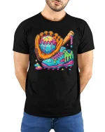 Funny Melting Baseball Gear Tee With Colorful Street Art Vibes - model wearing black tee with hands behind back