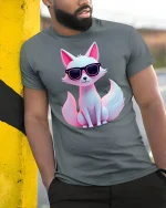 Cool Sunglasses Fox Tee With Cute Neon Style And Confident Vibes - model wearing grey tee, leaning on column