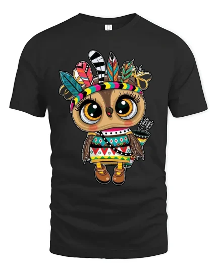 Cute Tribal Owl Graphic T Shirt With Colorful Boho Spirit - black t-shirt on white background