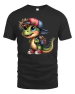 Cute Dino Backpack Cartoon Graphic Tee With Playful Street Style - black t-shirt on white background