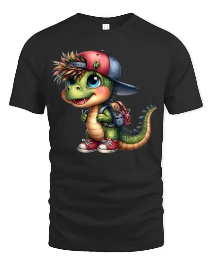 Cute Dino Backpack Cartoon Graphic Tee With Playful Street Style - black t-shirt on white background
