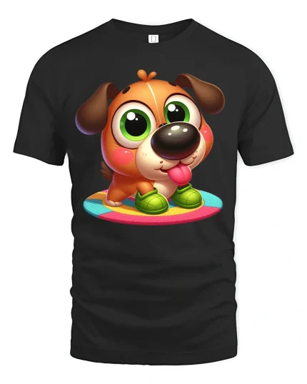 Cute Puppy Cartoon Graphic Tee With Big Eyes And Playful Charm - black t-shirt on white background