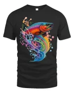 Colorful Rainbow Fish Splash Graphic Tee With Artistic Flow Style - black t-shirt on white background