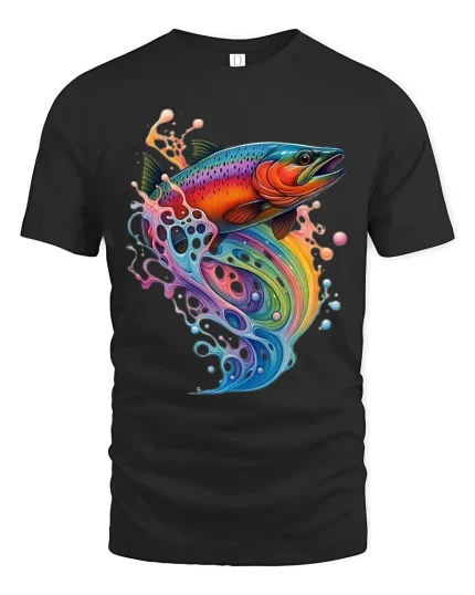 Colorful Rainbow Fish Splash Graphic Tee With Artistic Flow Style - black t-shirt on white background