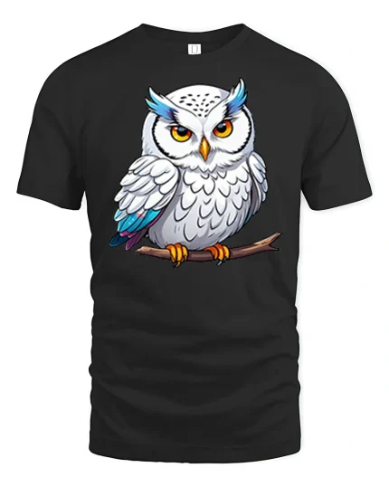 Wise Snowy Owl Graphic Tee With Cute Eyes And Calm Nature Style - black t-shirt on white background