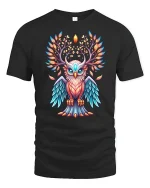 Mystic Colorful Owl Tree Of Life Art Graphic Tee Design - black t-shirt on white background