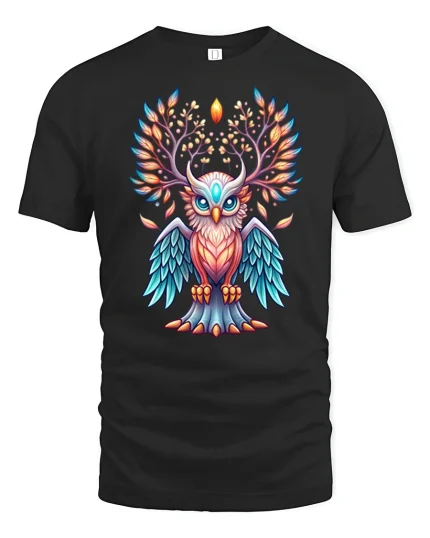 Mystic Colorful Owl Tree Of Life Art Graphic Tee Design - black t-shirt on white background