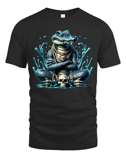 Dark Mystic Crocodile Graphic T Shirt With Fierce Tribal Energy - black t-shirt on white background
