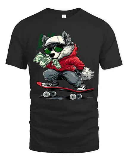 Cool Skater Wolf Graphic T Shirt With Urban Cash Attitude - black t-shirt on white background