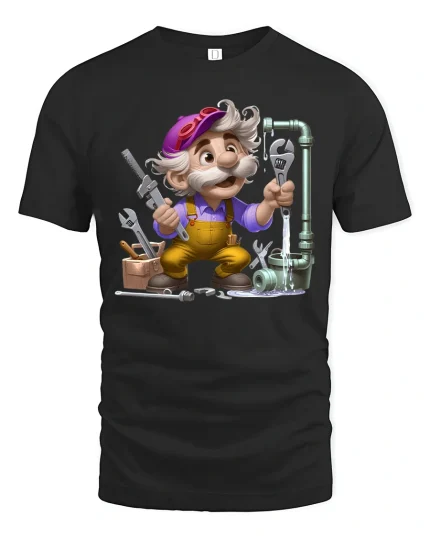 Funny Cartoon Plumber Graphic T Shirt With Handy Repair Vibes - black t-shirt on white background