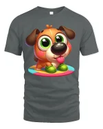 Cute Puppy Cartoon Graphic Tee With Big Eyes And Playful Charm - gray t-shirt on white background