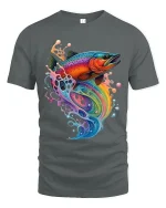 Colorful Rainbow Fish Splash Graphic Tee With Artistic Flow Style - gray t-shirt on white background