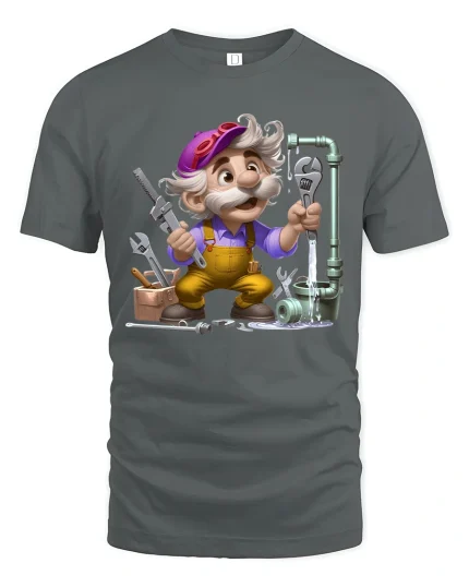 Funny Cartoon Plumber Graphic T Shirt With Handy Repair Vibes - gray t-shirt on white background